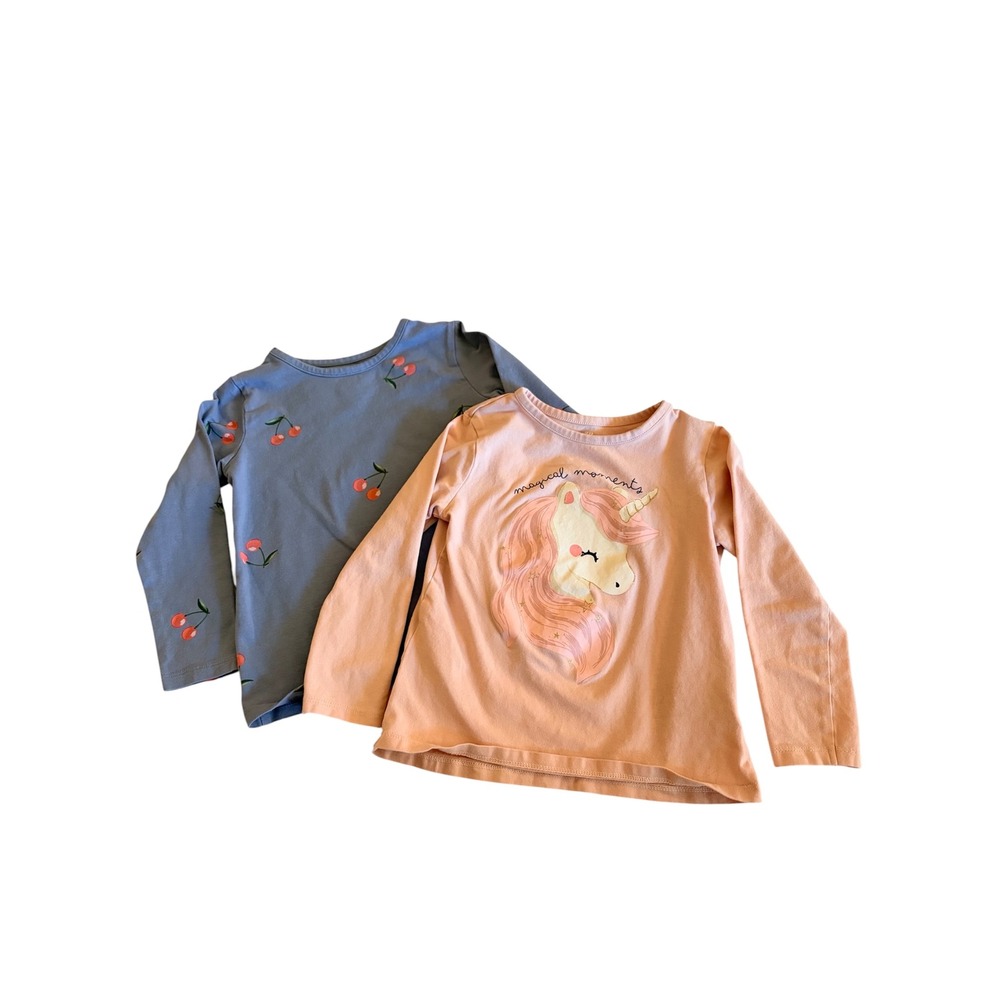 Set of 2 Girl's H&M Long Sleeve Shirts, Pink Unicorn Blue Cherries, Size 3-4T